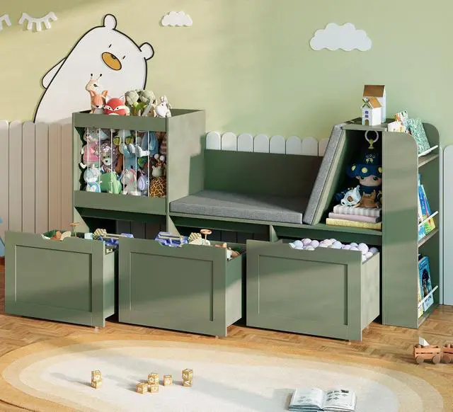Alt view image 6 of 7 - 66.9" W Kids Reading Nook, Toy Storage with Stuffed Animal Storage
