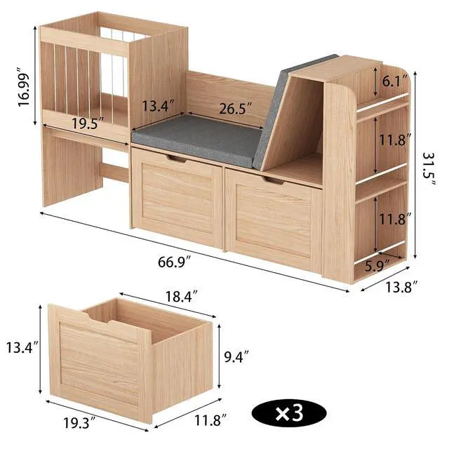 Alt view image 2 of 7 - 66.9" W Kids Reading Nook, Toy Organizer with Wooden Kids Bookshelf