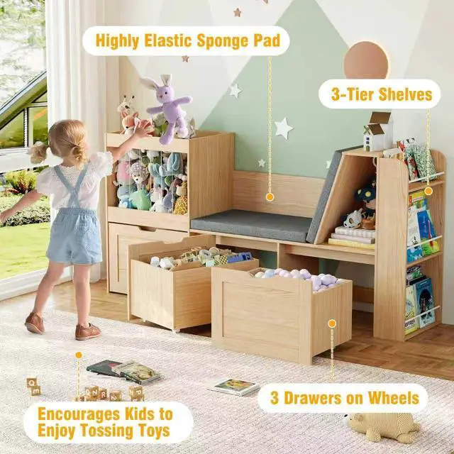 Alt view image 6 of 7 - 66.9" W Kids Reading Nook, Toy Organizer with Wooden Kids Bookshelf