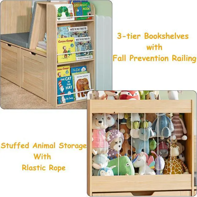 Alt view image 3 of 7 - 66.9" W Kids Reading Nook, Toy Organizer with Wooden Kids Bookshelf