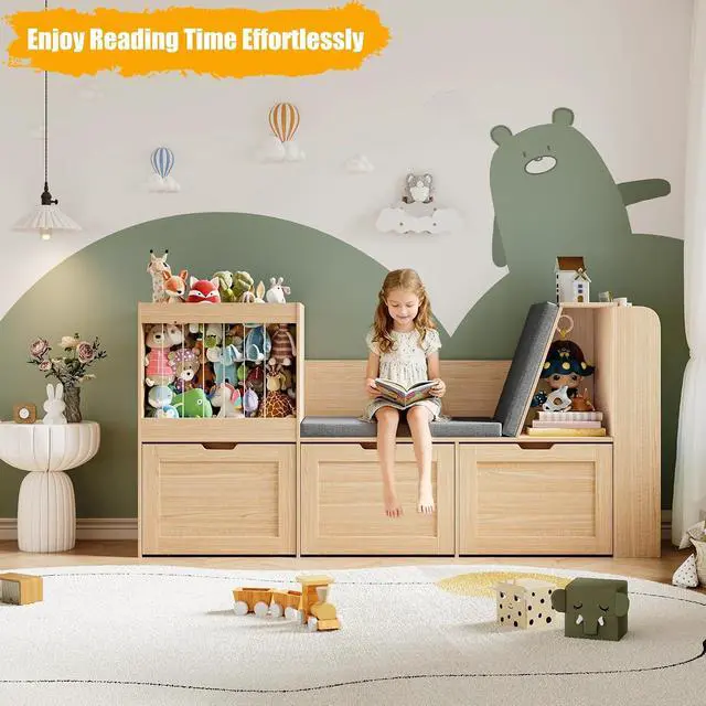 Alt view image 4 of 7 - 66.9" W Kids Reading Nook, Toy Organizer with Wooden Kids Bookshelf