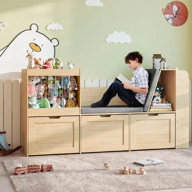 Alt view image 5 of 7 - 66.9" W Kids Reading Nook, Toy Organizer with Wooden Kids Bookshelf