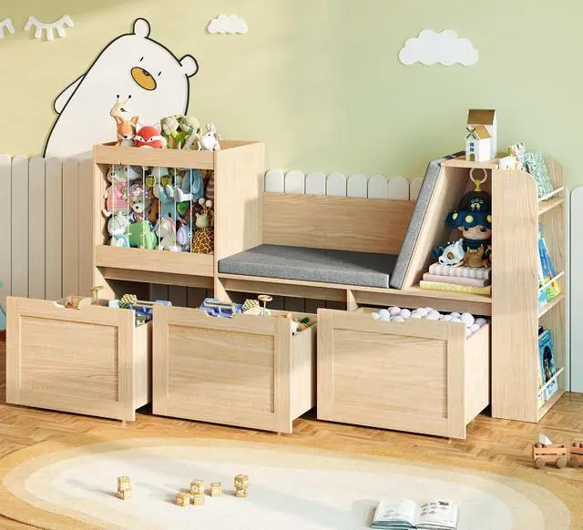 Alt view image 7 of 7 - 66.9" W Kids Reading Nook, Toy Organizer with Wooden Kids Bookshelf