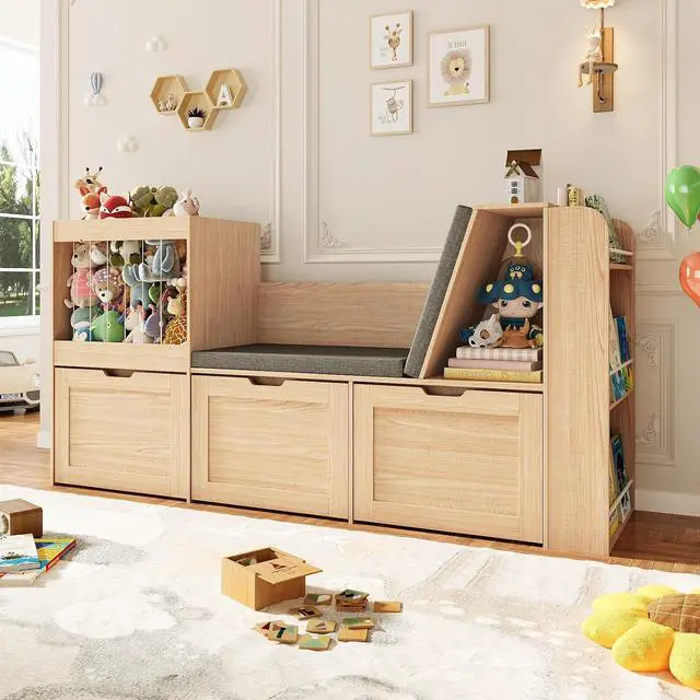 Main image of 66.9" W Kids Reading Nook, Toy Organizer with Wooden Kids Bookshelf