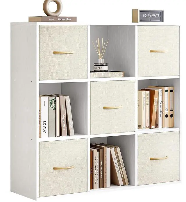 Main image of 9 Cube Storage Organizer - Solid Wood Bookshelf with 5 Storage Bins, Cube Shelf with 3 Removable Back Panels, Vertical or Horizontal Bookcase, Open Book Shelf for Bedroom, Living Room, Office, White