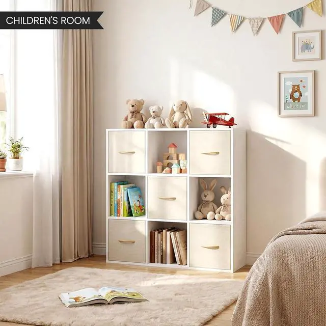 Alt view image 2 of 7 - 9 Cube Storage Organizer - Solid Wood Bookshelf with 5 Storage Bins, Cube Shelf with 3 Removable Back Panels, Vertical or Horizontal Bookcase, Open Book Shelf for Bedroom, Living Room, Office, White