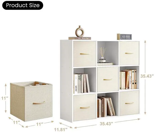 Alt view image 3 of 7 - 9 Cube Storage Organizer - Solid Wood Bookshelf with 5 Storage Bins, Cube Shelf with 3 Removable Back Panels, Vertical or Horizontal Bookcase, Open Book Shelf for Bedroom, Living Room, Office, White