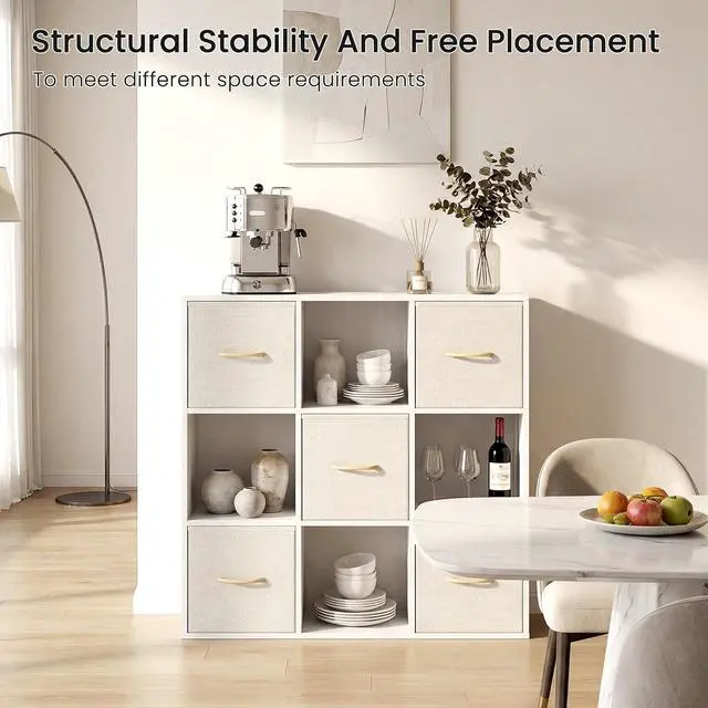 Alt view image 5 of 7 - 9 Cube Storage Organizer - Solid Wood Bookshelf with 5 Storage Bins, Cube Shelf with 3 Removable Back Panels, Vertical or Horizontal Bookcase, Open Book Shelf for Bedroom, Living Room, Office, White