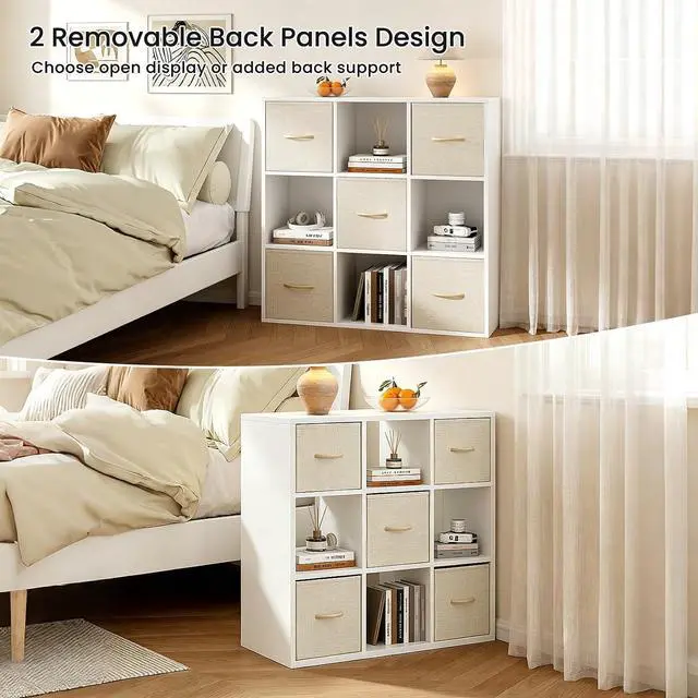 Alt view image 6 of 7 - 9 Cube Storage Organizer - Solid Wood Bookshelf with 5 Storage Bins, Cube Shelf with 3 Removable Back Panels, Vertical or Horizontal Bookcase, Open Book Shelf for Bedroom, Living Room, Office, White