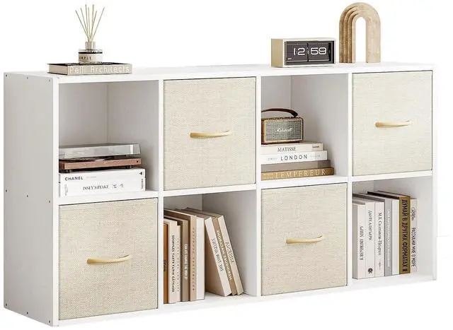 Main image of 8 Cube Storage Organizer - Solid Wood Bookshelf with 4 Storage Bins, Cube Shelf with 2 Removable Back Panels, Vertical or Horizontal Bookcase, Open Book Shelf for Bedroom, Living Room, Office, White