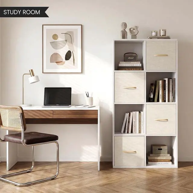 Alt view image 2 of 7 - 8 Cube Storage Organizer - Solid Wood Bookshelf with 4 Storage Bins, Cube Shelf with 2 Removable Back Panels, Vertical or Horizontal Bookcase, Open Book Shelf for Bedroom, Living Room, Office, White