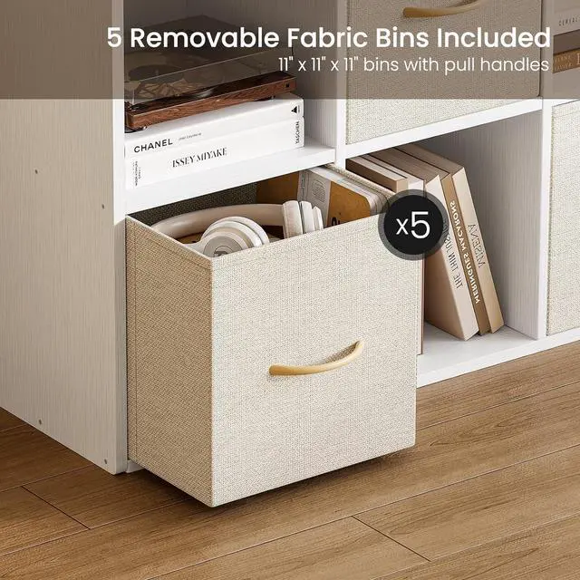 Alt view image 7 of 7 - 9 Cube Storage Organizer - Solid Wood Bookshelf with 5 Storage Bins, Cube Shelf with 3 Removable Back Panels, Vertical or Horizontal Bookcase, Open Book Shelf for Bedroom, Living Room, Office, White
