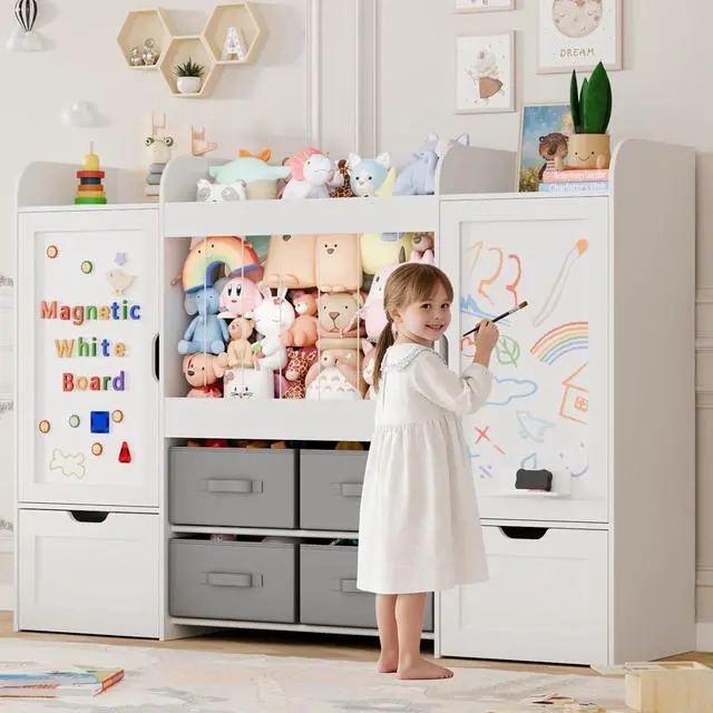 Main image of 61"W Toy Storage Organizer, Kids Bookshelf with 122L Stuffed Animal Storage, 2 Magnetic Drawing Boards, 2 Movable Toy Boxes and 4 Fabric Bins, Wooden Shelf for Kids Room/Playroom/Living Room