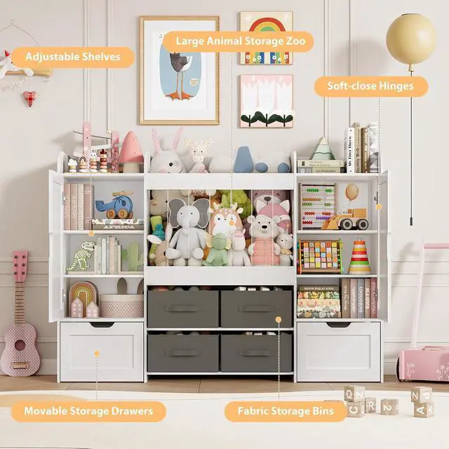 Alt view image 2 of 7 - 61"W Toy Storage Organizer, Kids Bookshelf with 122L Stuffed Animal Storage, 2 Magnetic Drawing Boards, 2 Movable Toy Boxes and 4 Fabric Bins, Wooden Shelf for Kids Room/Playroom/Living Room