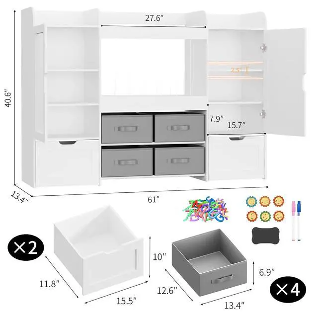 Alt view image 3 of 7 - 61"W Toy Storage Organizer, Kids Bookshelf with 122L Stuffed Animal Storage, 2 Magnetic Drawing Boards, 2 Movable Toy Boxes and 4 Fabric Bins, Wooden Shelf for Kids Room/Playroom/Living Room