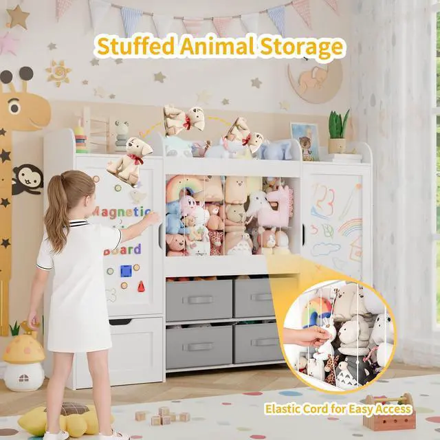 Alt view image 4 of 7 - 61"W Toy Storage Organizer, Kids Bookshelf with 122L Stuffed Animal Storage, 2 Magnetic Drawing Boards, 2 Movable Toy Boxes and 4 Fabric Bins, Wooden Shelf for Kids Room/Playroom/Living Room