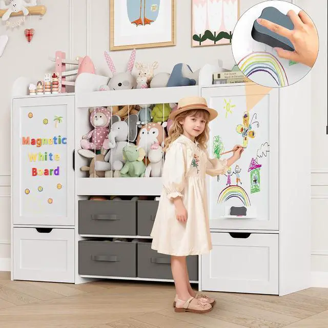 Alt view image 5 of 7 - 61"W Toy Storage Organizer, Kids Bookshelf with 122L Stuffed Animal Storage, 2 Magnetic Drawing Boards, 2 Movable Toy Boxes and 4 Fabric Bins, Wooden Shelf for Kids Room/Playroom/Living Room