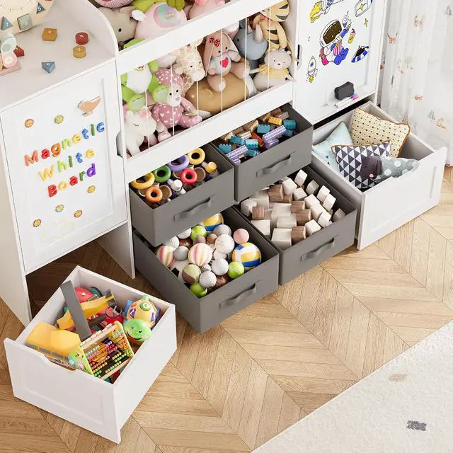 Alt view image 6 of 7 - 61"W Toy Storage Organizer, Kids Bookshelf with 122L Stuffed Animal Storage, 2 Magnetic Drawing Boards, 2 Movable Toy Boxes and 4 Fabric Bins, Wooden Shelf for Kids Room/Playroom/Living Room