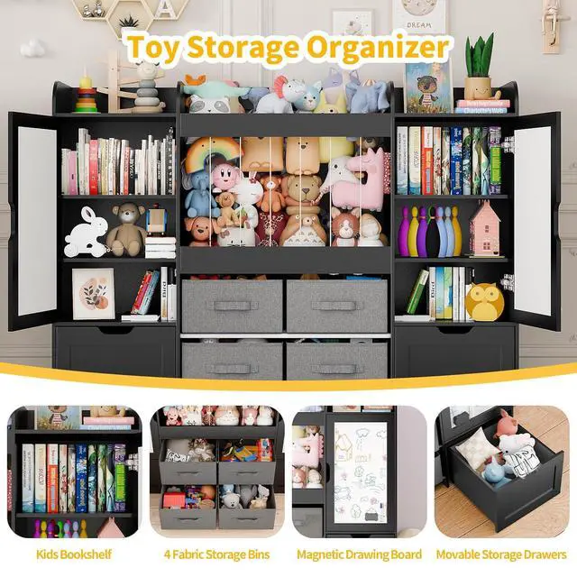 Alt view image 3 of 7 - VontinT 61"W Wooden Kids Toy Organizer with Bookshelf Stuffed Animal Holder