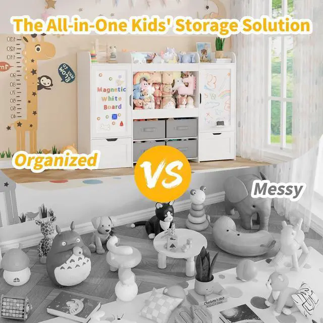 Alt view image 7 of 7 - 61"W Toy Storage Organizer, Kids Bookshelf with 122L Stuffed Animal Storage, 2 Magnetic Drawing Boards, 2 Movable Toy Boxes and 4 Fabric Bins, Wooden Shelf for Kids Room/Playroom/Living Room