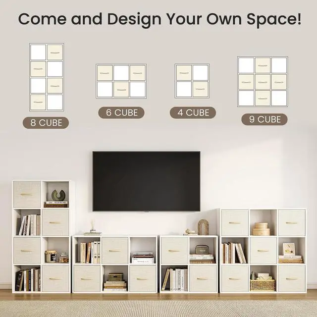 Alt view image 7 of 7 - 6 Cube Storage Organizer - Solid Wood Bookshelf with 3 Storage Bins, Cube Shelf with 2 Removable Back Panels, Vertical or Horizontal Bookcase, Open Book Shelf for Bedroom, Living Room, Office, White