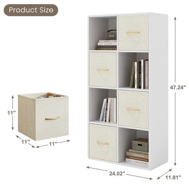 Alt view image 3 of 7 - 8 Cube Storage Organizer - Solid Wood Bookshelf with 4 Storage Bins, Cube Shelf with 2 Removable Back Panels, Vertical or Horizontal Bookcase, Open Book Shelf for Bedroom, Living Room, Office, White
