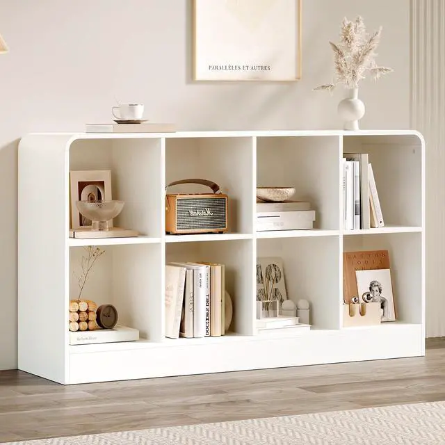 Main image of 8 Cube Storage Organizer, Modern Curved Edge Cube Shelf, Wooden Cubby Storage with Base & 2 Removable Back Panels, 2-Tier Floor Standing Book Shelf for Living Room Bedroom Office Entryway