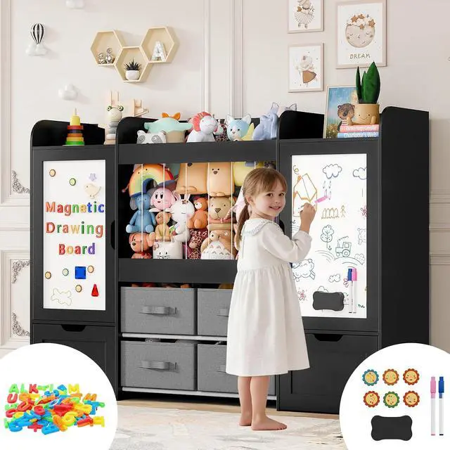 Alt view image 4 of 7 - VontinT 61"W Wooden Kids Toy Organizer with Bookshelf Stuffed Animal Holder