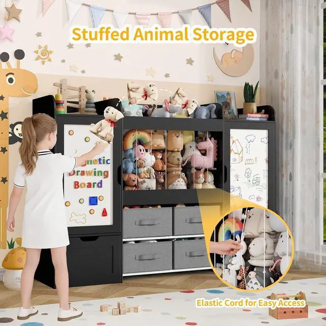 Alt view image 7 of 7 - VontinT 61"W Wooden Kids Toy Organizer with Bookshelf Stuffed Animal Holder