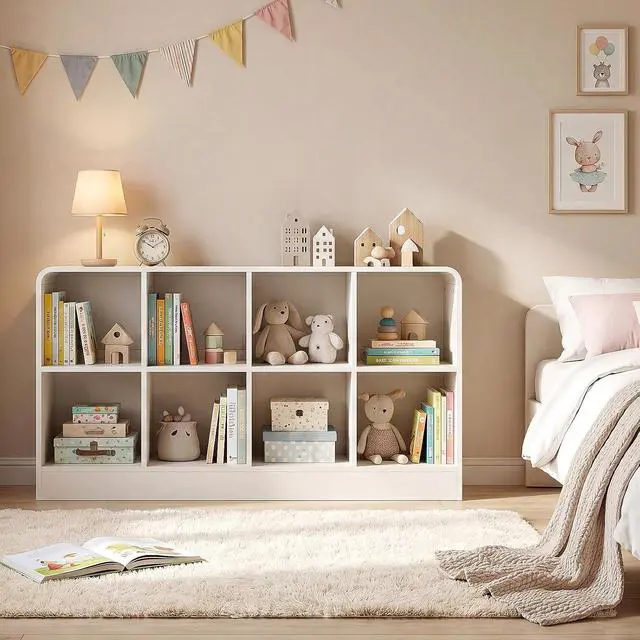 Alt view image 7 of 7 - 8 Cube Storage Organizer, Modern Curved Edge Cube Shelf, Wooden Cubby Storage with Base & 2 Removable Back Panels, 2-Tier Floor Standing Book Shelf for Living Room Bedroom Office Entryway