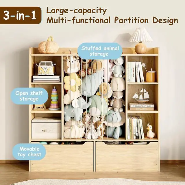 Alt view image 4 of 7 - Wooden 3-in-1 Stuffed Animal Storage, Toy Storage and Kids bookshelf