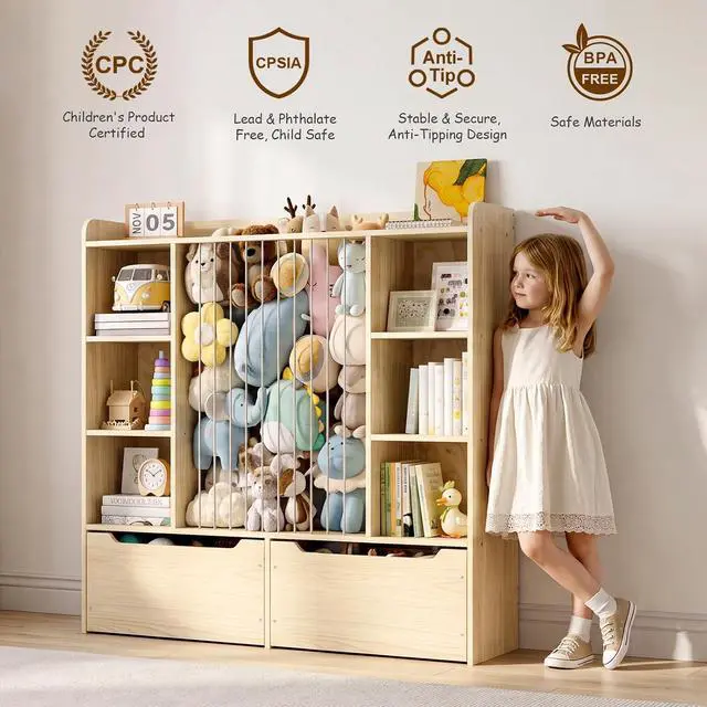Alt view image 7 of 7 - Wooden 3-in-1 Stuffed Animal Storage, Toy Storage and Kids bookshelf