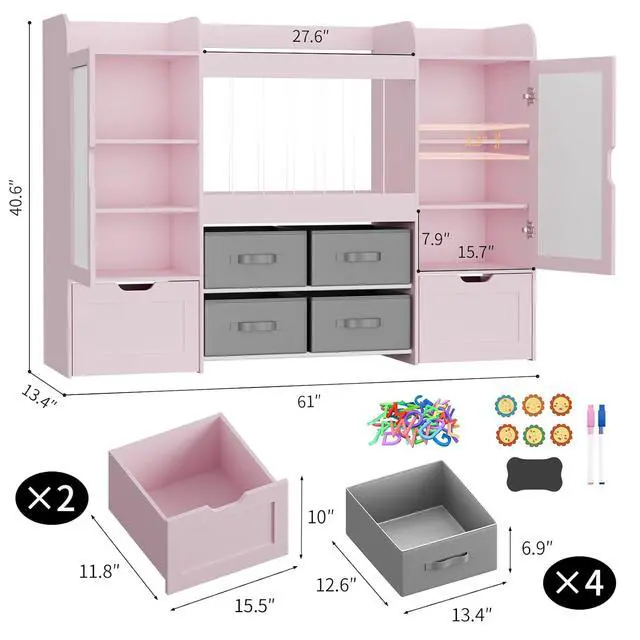 Alt view image 2 of 7 - VontinT 61" W Toy Organizer with Magnetic Boards & 6-Cube Bookshelf, Wooden