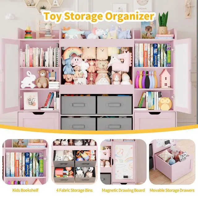 Alt view image 3 of 7 - VontinT 61" W Toy Organizer with Magnetic Boards & 6-Cube Bookshelf, Wooden