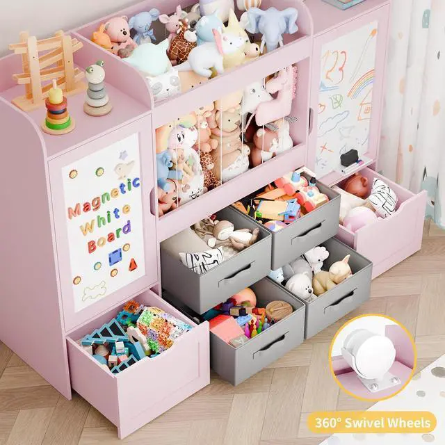 Alt view image 4 of 7 - VontinT 61" W Toy Organizer with Magnetic Boards & 6-Cube Bookshelf, Wooden