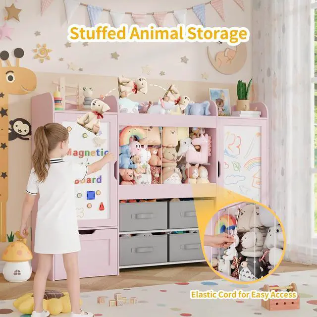 Alt view image 5 of 7 - VontinT 61" W Toy Organizer with Magnetic Boards & 6-Cube Bookshelf, Wooden