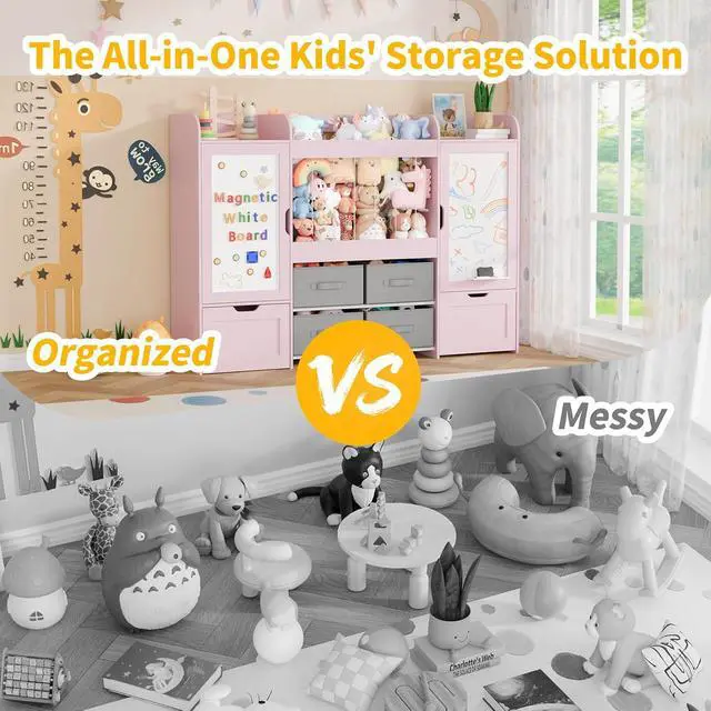 Alt view image 6 of 7 - VontinT 61" W Toy Organizer with Magnetic Boards & 6-Cube Bookshelf, Wooden