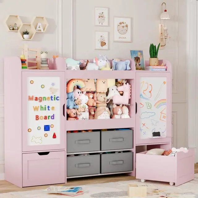Alt view image 7 of 7 - VontinT 61" W Toy Organizer with Magnetic Boards & 6-Cube Bookshelf, Wooden