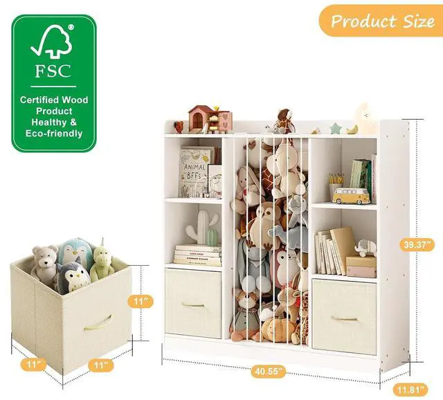 Alt view image 3 of 7 - Toy Storage with Stuffed Animal Storage, White Kids Bookshelf