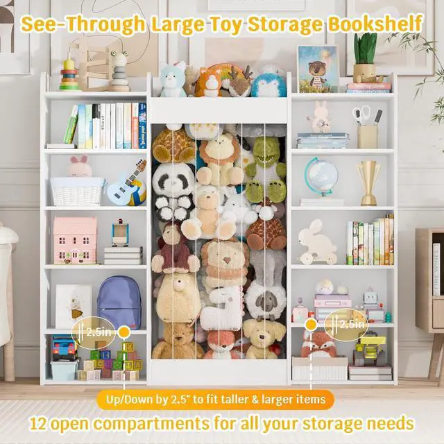 Alt view image 3 of 7 - 63" W Kids Bookshelf, Toy Storage with 233L Stuffed Animal Zoo for 100+ Plush Toys, 12-Tier Open Cube Organizer Shelf with 10 Cubbies for Boys/Girls, Playroom/Kids Room/Classroom, Home Decor