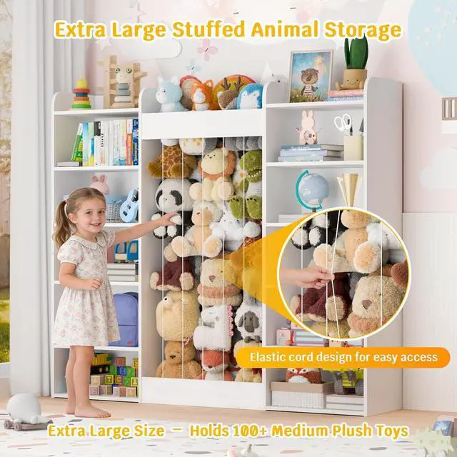Alt view image 4 of 7 - 63" W Kids Bookshelf, Toy Storage with 233L Stuffed Animal Zoo for 100+ Plush Toys, 12-Tier Open Cube Organizer Shelf with 10 Cubbies for Boys/Girls, Playroom/Kids Room/Classroom, Home Decor