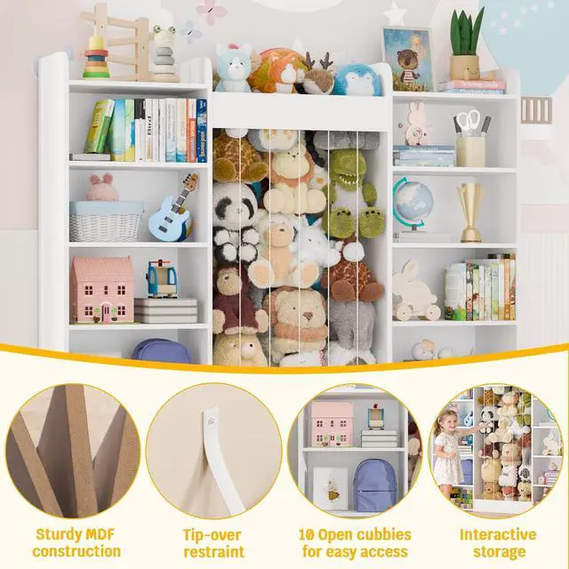 Alt view image 5 of 7 - 63" W Kids Bookshelf, Toy Storage with 233L Stuffed Animal Zoo for 100+ Plush Toys, 12-Tier Open Cube Organizer Shelf with 10 Cubbies for Boys/Girls, Playroom/Kids Room/Classroom, Home Decor