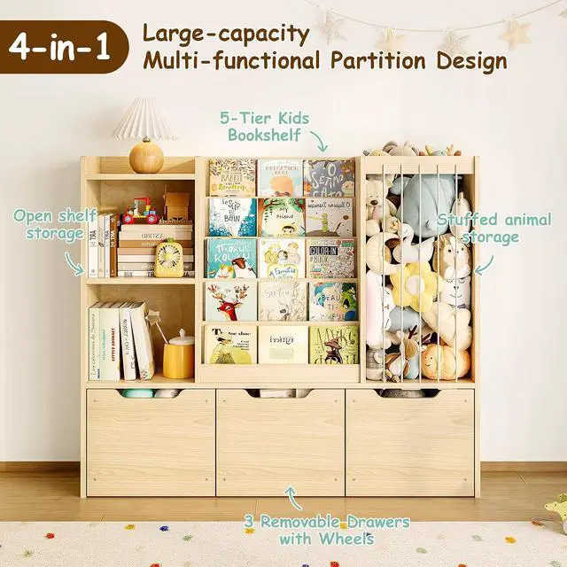 Alt view image 4 of 7 - Kids Bookshelf and Stuffed Animal Storage Organizer