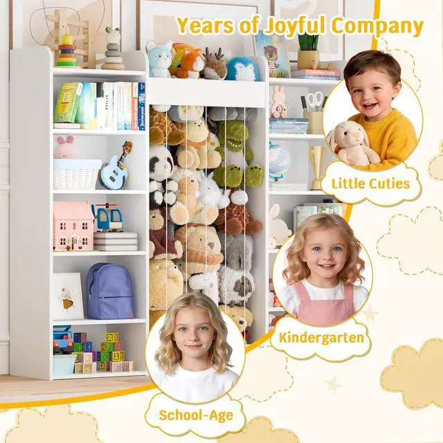 Alt view image 6 of 7 - 63" W Kids Bookshelf, Toy Storage with 233L Stuffed Animal Zoo for 100+ Plush Toys, 12-Tier Open Cube Organizer Shelf with 10 Cubbies for Boys/Girls, Playroom/Kids Room/Classroom, Home Decor
