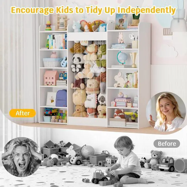 Alt view image 7 of 7 - 63" W Kids Bookshelf, Toy Storage with 233L Stuffed Animal Zoo for 100+ Plush Toys, 12-Tier Open Cube Organizer Shelf with 10 Cubbies for Boys/Girls, Playroom/Kids Room/Classroom, Home Decor