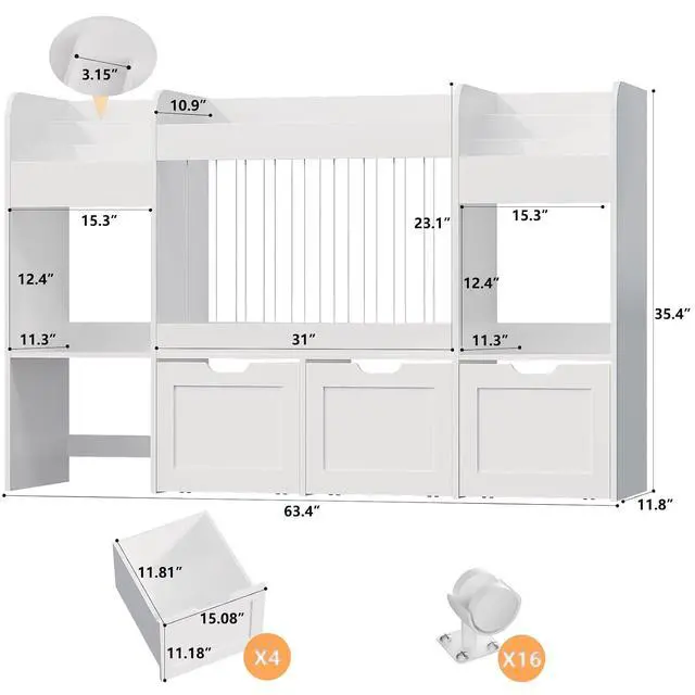 Alt view image 2 of 7 - 63"W Toy Storage Organizer, 132L Stuffed Animal Holder with 4 Rolling Drawers, 3-Tier Kids Bookshelf and 2 Storage Cubes, 4-in-1 Plush Toy Shelf for Playroom, Toddler Bookcase for Nursery, White