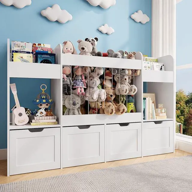 Main image of 63"W Toy Storage Organizer, 132L Stuffed Animal Holder with 4 Rolling Drawers, 3-Tier Kids Bookshelf and 2 Storage Cubes, 4-in-1 Plush Toy Shelf for Playroom, Toddler Bookcase for Nursery, White