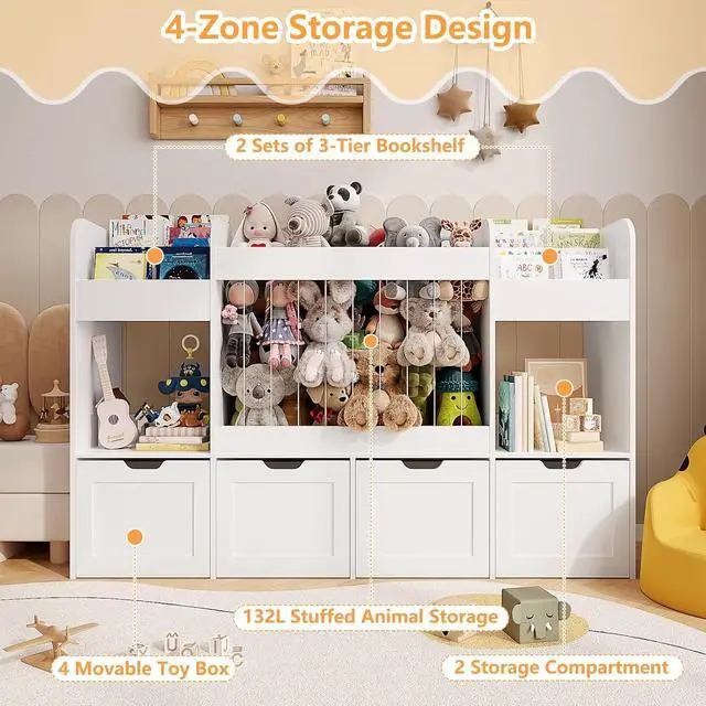 Alt view image 3 of 7 - 63"W Toy Storage Organizer, 132L Stuffed Animal Holder with 4 Rolling Drawers, 3-Tier Kids Bookshelf and 2 Storage Cubes, 4-in-1 Plush Toy Shelf for Playroom, Toddler Bookcase for Nursery, White