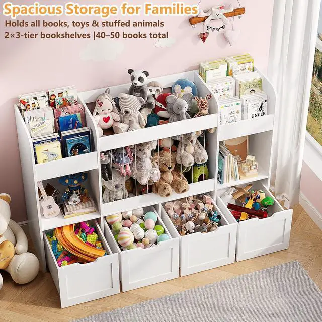 Alt view image 4 of 7 - 63"W Toy Storage Organizer, 132L Stuffed Animal Holder with 4 Rolling Drawers, 3-Tier Kids Bookshelf and 2 Storage Cubes, 4-in-1 Plush Toy Shelf for Playroom, Toddler Bookcase for Nursery, White