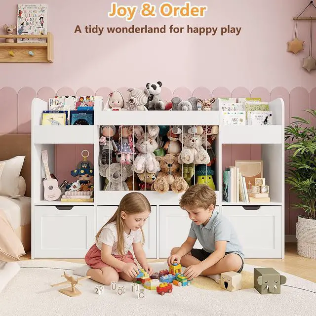 Alt view image 7 of 7 - 63"W Toy Storage Organizer, 132L Stuffed Animal Holder with 4 Rolling Drawers, 3-Tier Kids Bookshelf and 2 Storage Cubes, 4-in-1 Plush Toy Shelf for Playroom, Toddler Bookcase for Nursery, White